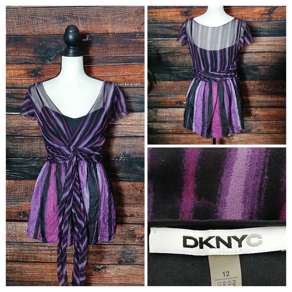 DKNY Top 12 Purple Striped 100% Silk Tie Front Flutter Sleeve Zip